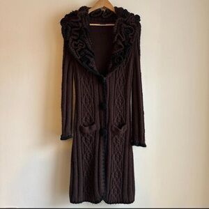 Long Chocolate Brown Cable-Knit Cardigan
